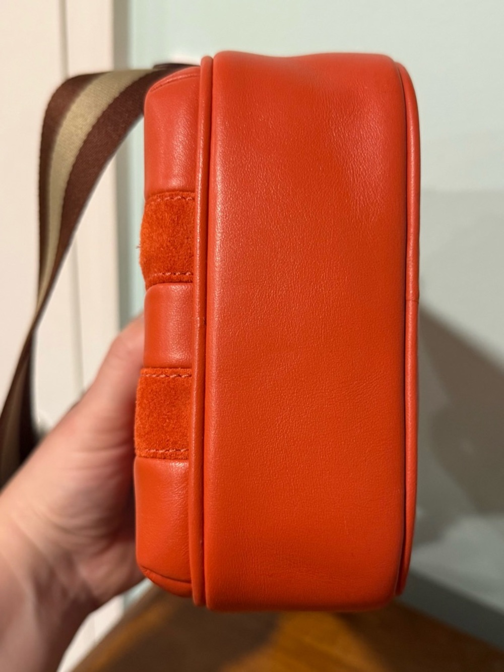 Coach Heritage Orange Smooth Leather Crossbody Turnlock Camera Bag Striped Strap - Picture 10 of 13